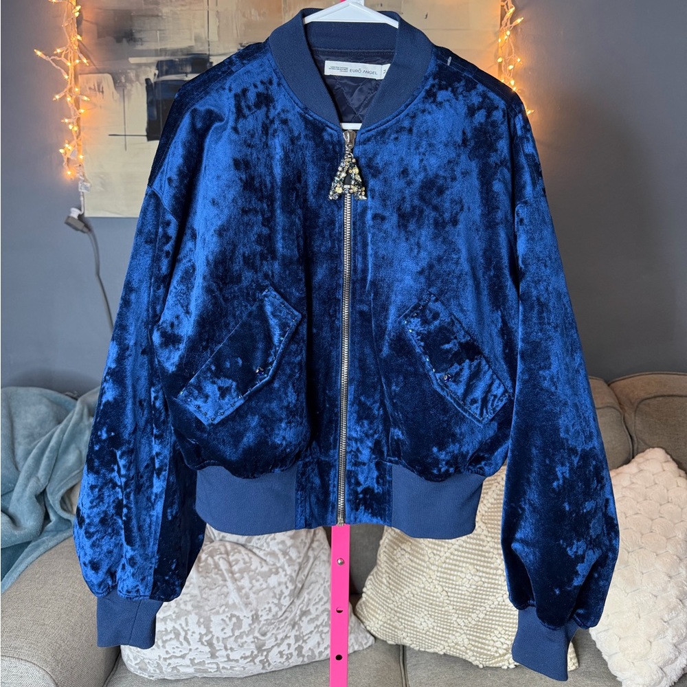 Euro Angel Blue Crushed Velvet Bomber Jacket Quilted Lined Beaded Zipper Size M